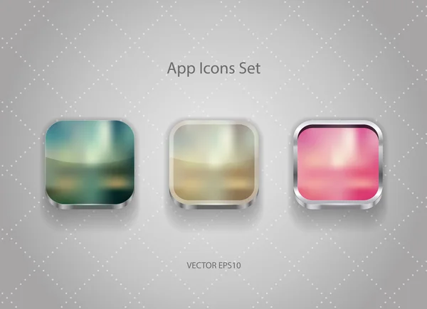 Vektorquadratische App-Symbole mit metallischen Rändern und unscharfen Hintergründen. — Stockvektor