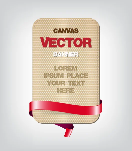Banner Vector beige con textura de lona de tela y cinta decorativa sedosa roja — Vector de stock