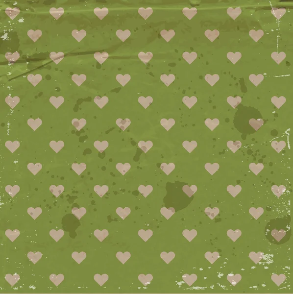 Vector old green used paper vintage background with hearts pattern — Stock Vector