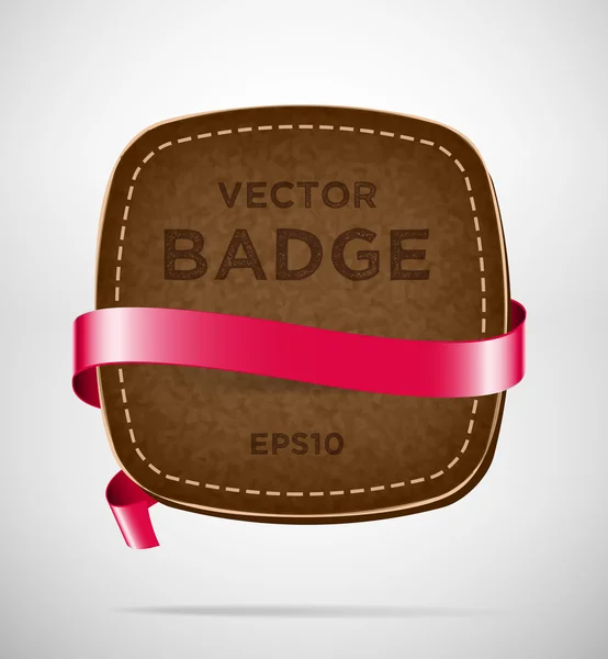 Vector vintage leather badge with red silky ribbon — Stock Vector