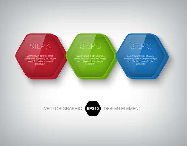 Moderne 3D sechseckige transparente Glas-Infografik-Boxen. — Stockvektor