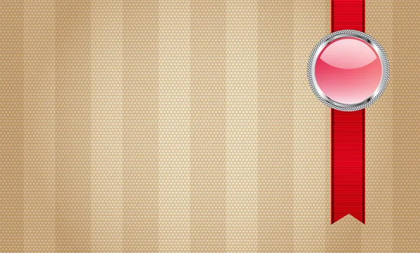 Beige vector weefsel geweven gestreepte achtergrond met rood lint en ronde badge — Stockvector