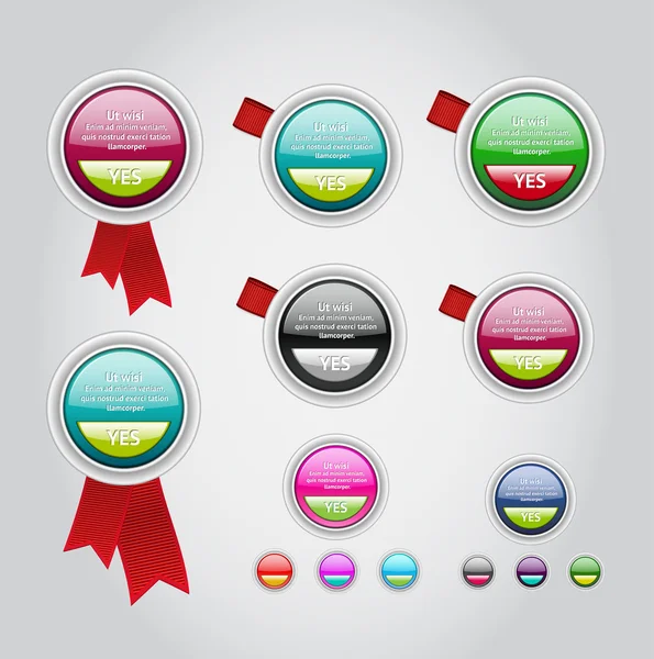 Vector round plastic badges collection set with red ribbon labels and buttons — Stock Vector