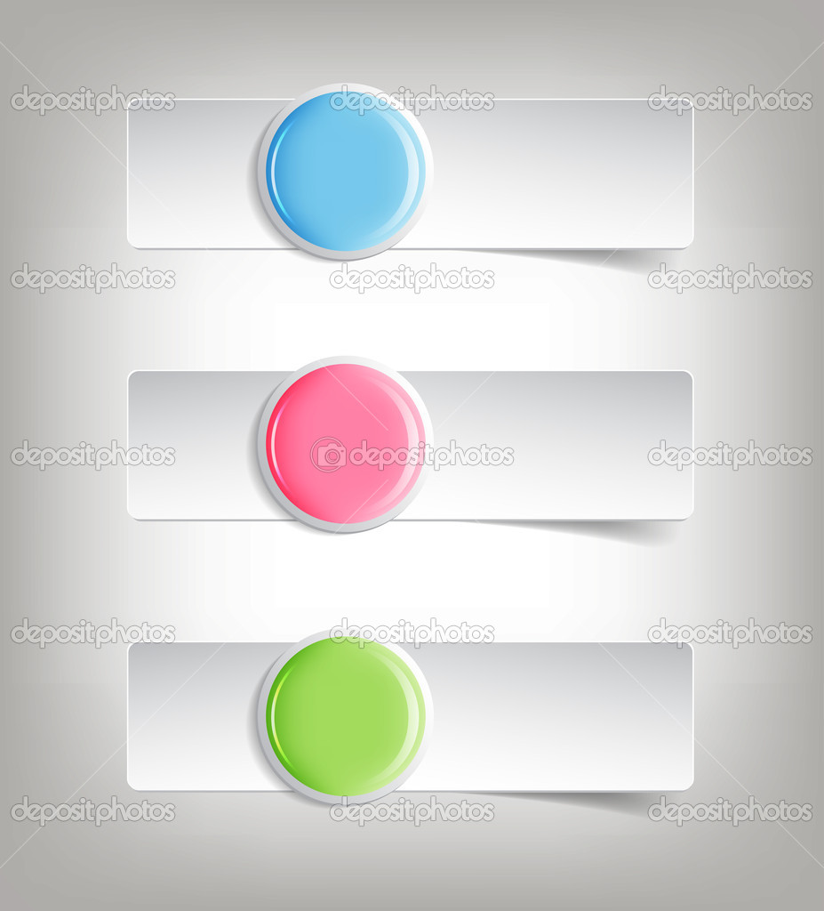 Three vector horizontal blank paper banners with soft glossy round badges