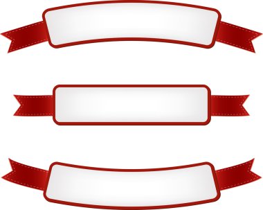 Kırmızı vektör promosyon afiş kümesi kurdeleler ile dekore edilmiştir.