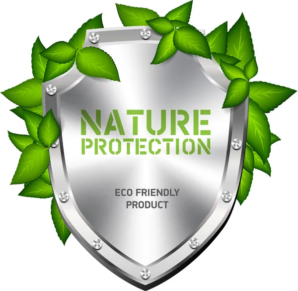 Shiny brushed steel vector shield with green leaves - nature protection — Stock Vector