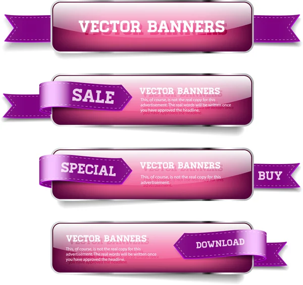 Un conjunto de banderas horizontales brillantes vector púrpura con cintas de satén púrpura — Archivo Imágenes Vectoriales