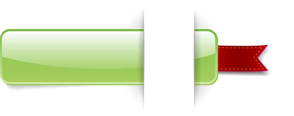 Bandiera promozionale vettoriale verde lucido decorata con etichetta nastro rosso — Vettoriale Stock
