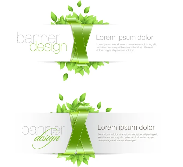 Two vector banners with fresh green leaves and green glossy satin ribbon — Stock Vector