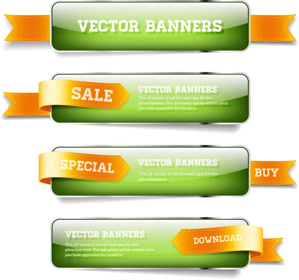 Um conjunto de bandeiras horizontais brilhantes vetoriais verdes com fitas de cetim dourado — Vetor de Stock
