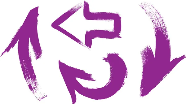 Raccolta di frecce pennellate dipinte a mano vettore viola su sfondo bianco — Vettoriale Stock
