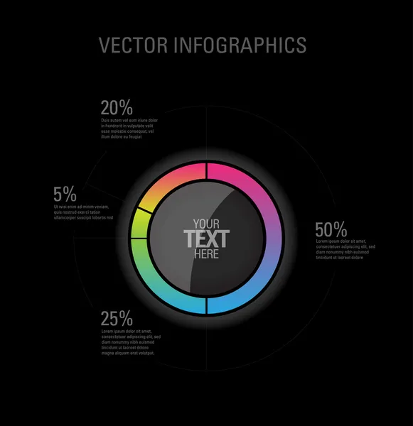 Infográfico de gráfico de torta vetorial em fundo preto — Vetor de Stock