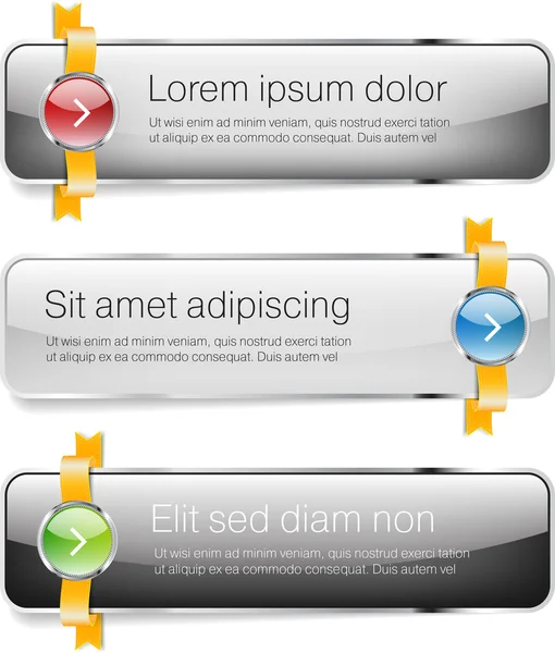 Три серых глянцевых векторных баннера, украшенных золотыми лентами и красочными кнопками — стоковый вектор