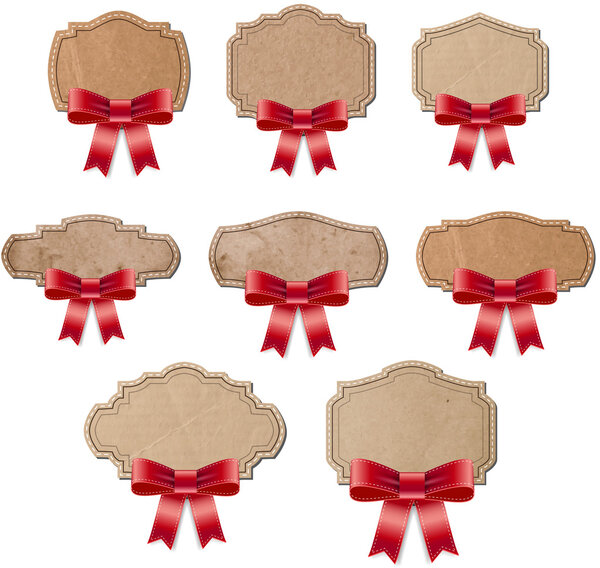 Vintage cardboard old paper retro style labels decorated with red silky bows