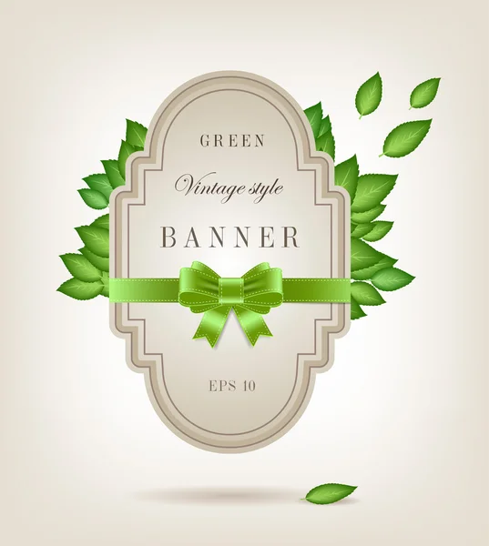 Yeşil yaprakları ve ipeksi yay düğüm ile vektör vintage tarzı etiket — Stok Vektör