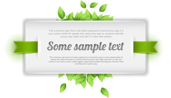 White vector banner with fresh green leaves and green glossy satin ribbon — Stock Vector