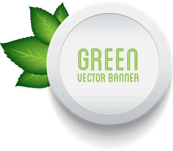 Insignia redonda de plástico blanco vectorial - pancarta con hojas verdes — Vector de stock
