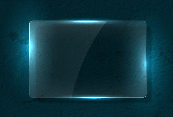 Vector clear glass banner over old distressed worn out blue wall background