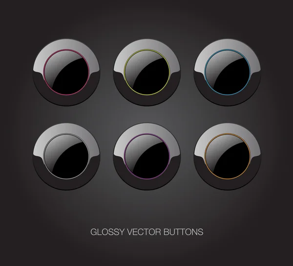 Um conjunto de botões de plástico preto vetor brilhante com detalhes coloridos — Vetor de Stock