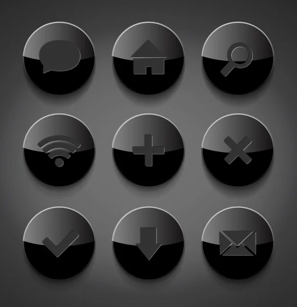 Vector black round glossy plastic icons collection — Stock Vector