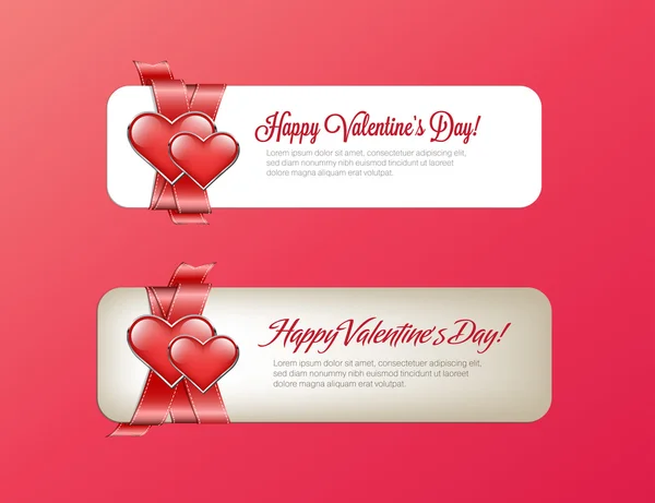 Vector valentine's day banners with satin red ribbon and two glossy hearts — Stock Vector