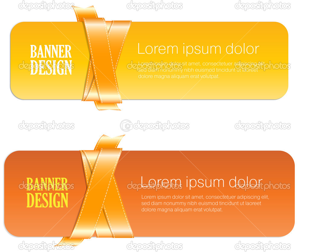 Two golden yellow vector banners braided with silky glossy ribbons