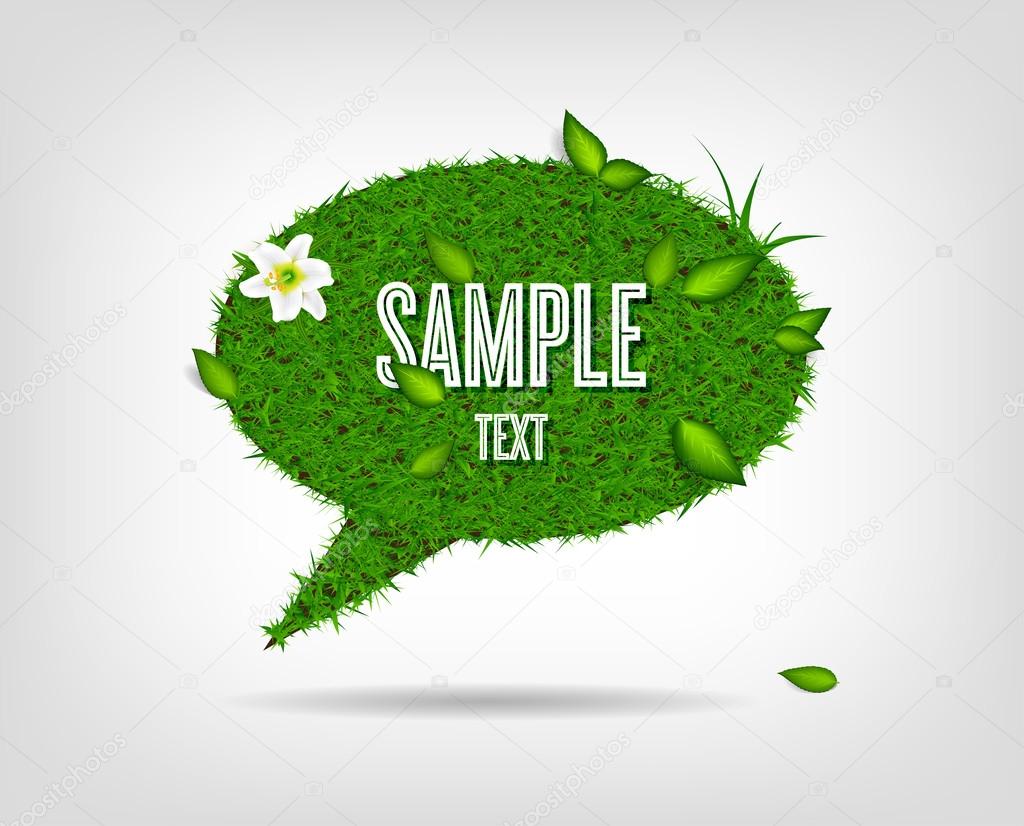 Vector speech bubble of green grass with leaves and a lily flower