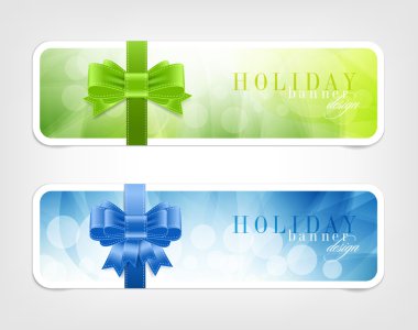 iki afiş vektör - yay knot çıkartmaları ipeksi ve parlak renkli arka planlar ile şerit