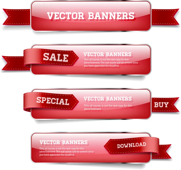 A set of red vector glossy horizontal banners with red satin ribbons — Stock Vector