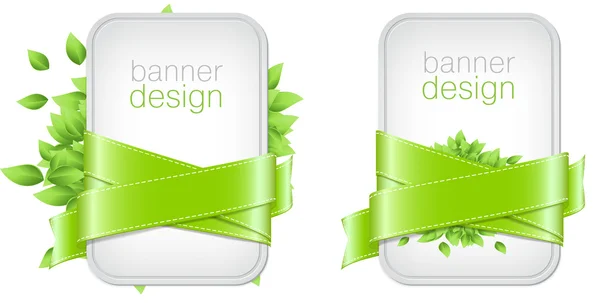 Two vector banners with fresh green leaves and green glossy satin ribbon — Stock Vector