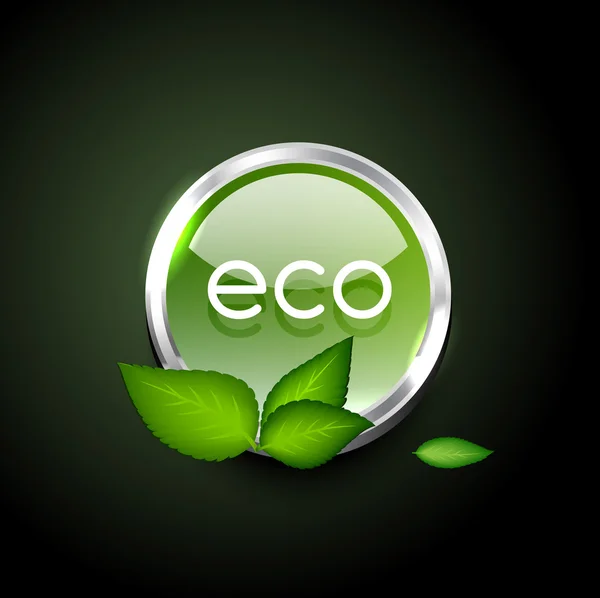 Badge vectoriel en verre vert brillant avec feuilles vertes - eco — Image vectorielle