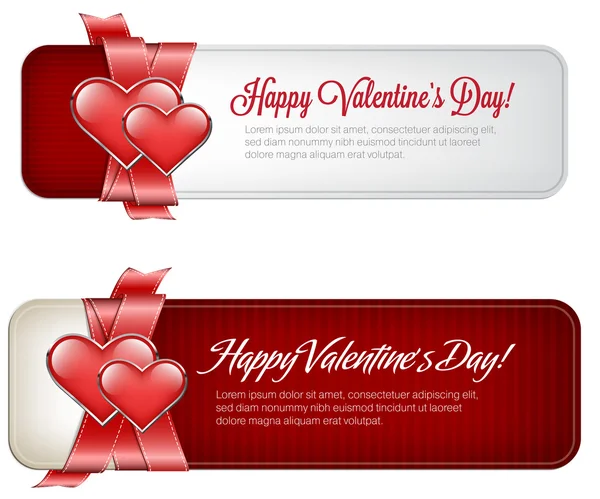 Vector valentine's day banners with satin red ribbon and two glossy hearts — Stock Vector