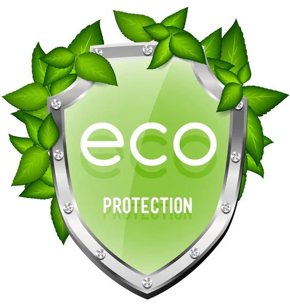 Shiny green glass vector shield with green leaves - eco protection — Stock Vector