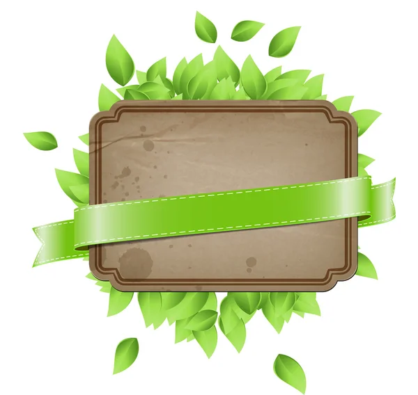 ベクトル ヴィンテージ紙 - 緑の葉と段ボールのバナー — ストックベクタ