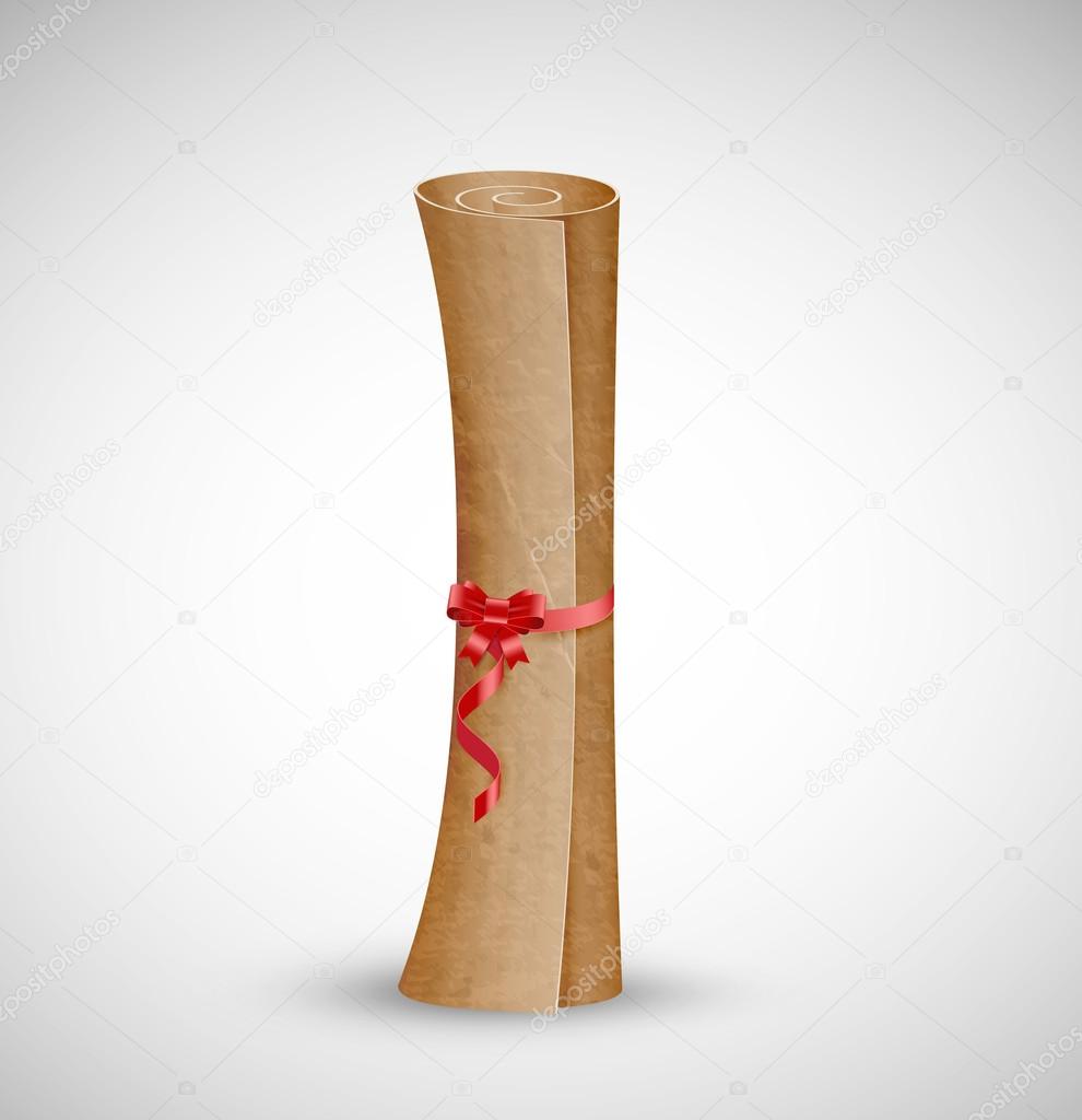 Vector old paper scroll with silky ribbon bow