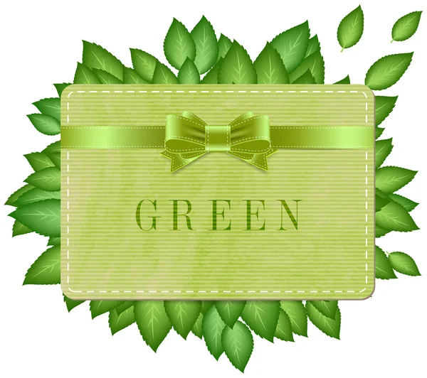 Etiqueta texturizada de papel estilo vintage vetorial - bandeira com folhas verdes e nó de arco sedoso — Vetor de Stock