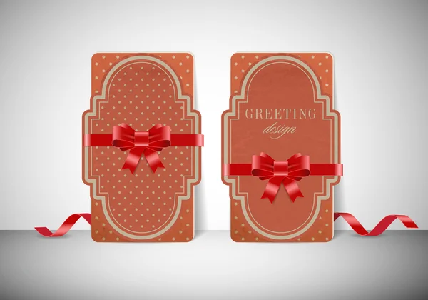 Dos tarjetas de felicitación de papel de cartón vintage con cintas sedosas y patrones retro — Vector de stock