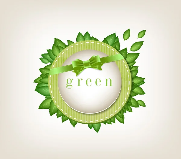Διάνυσμα στυλ vintage χάρτινη ετικέτα υφή με πράσινα φύλλα και μεταξένια τόξο knot — Διανυσματικό Αρχείο