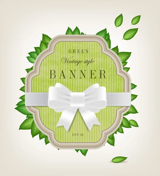 Vector vintage style paper textured label with green leaves and silky bow knot — Stock Vector