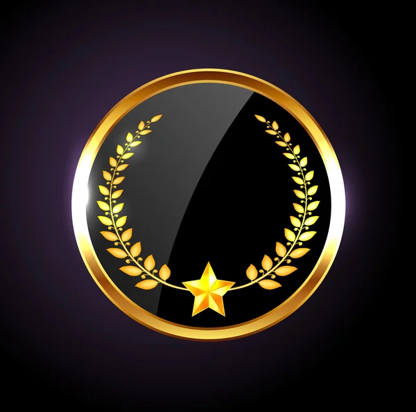 Векторний круглий чорний глянсовий ярлик - банер з лавровим вінком і золотою зіркою — стоковий вектор