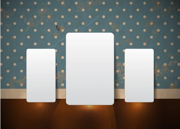 Tres tarjetas blancas de pie sobre un viejo fondo de pared con fondo de pantalla vintage — Vector de stock