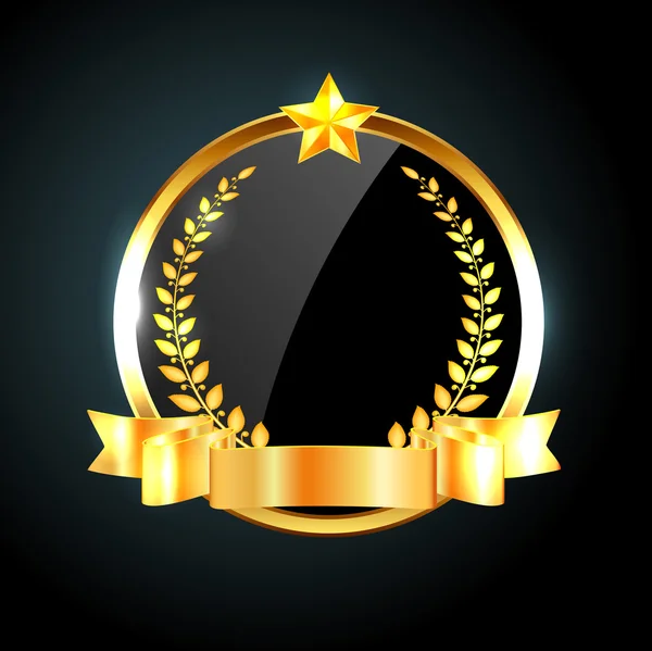 Vecteur rond noir brillant étiquette - bannière avec ruban doré brillant — Image vectorielle