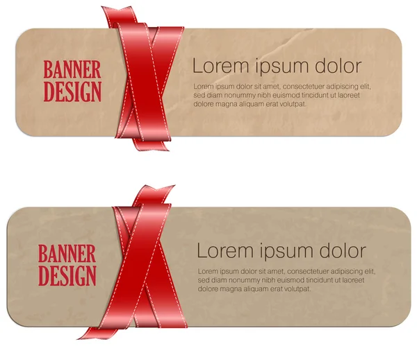 Two cardboard paper vector banners braided with silky glossy red ribbons — Stock Vector