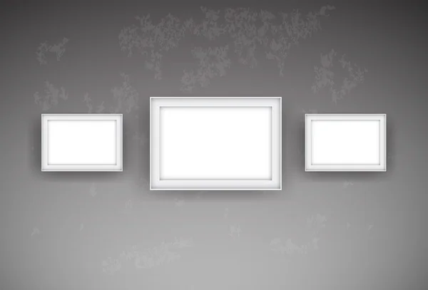 Three vector empty white picture frames hanging on the old worn concrete wall — Stock Vector