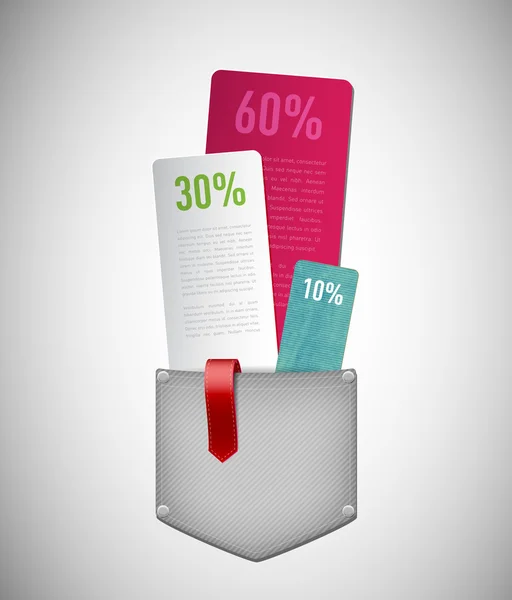 Bolsillo vaquero de infografía vectorial con tarjetas de papel porcentuales y etiqueta de cinta — Vector de stock