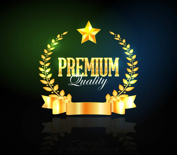 Couronne de laurier d'or vectorielle "Qualité Premium" avec une étoile et un ruban — Image vectorielle