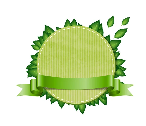 Vector groene ronde hand gemaakt papier textuur banner met groene bladeren en een lint — Stockvector