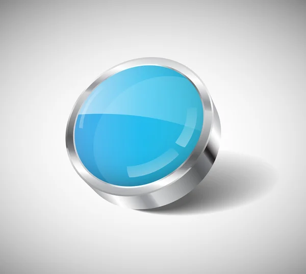 Vector 3d light blue glass and steel glossy round button — Stock Vector