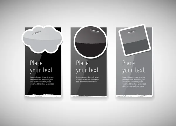 Vector glanzende glazen gescheurd papier banners met notities met nietjes — Stockvector