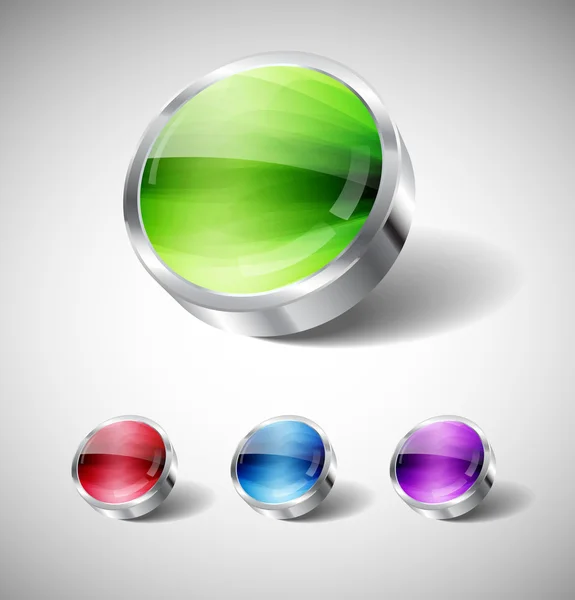 ベクトル 3 d ガラスとスチールの光沢のある丸いボタン — ストックベクタ